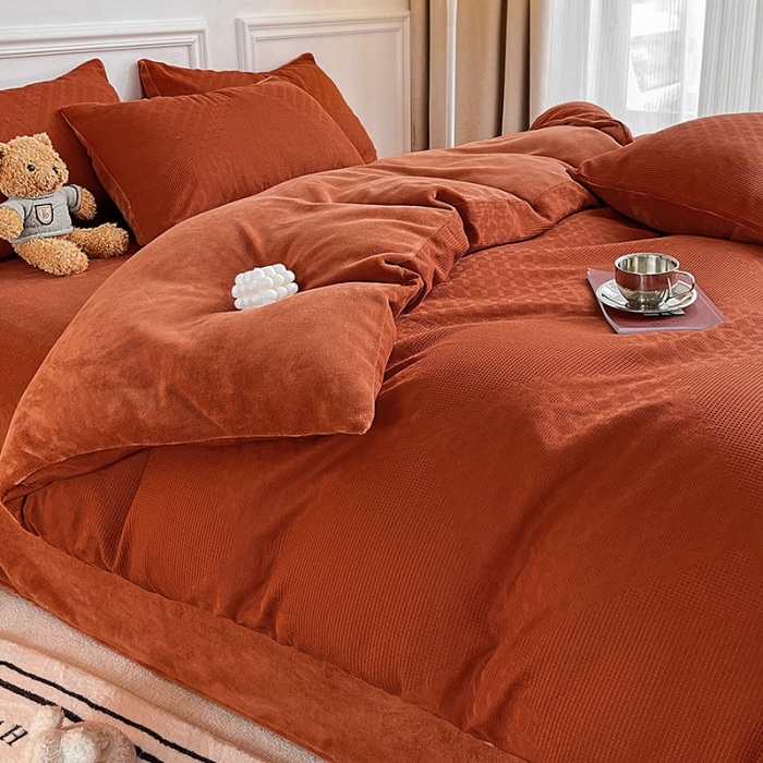 91家纺网 家纺一手货源 找家纺 金丝鸟 2022全棉华夫格提花加牛奶绒四件套 拉夫格红