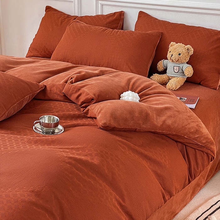 91家纺网 家纺一手货源 找家纺 金丝鸟 2022全棉华夫格提花加牛奶绒四件套 拉夫格红