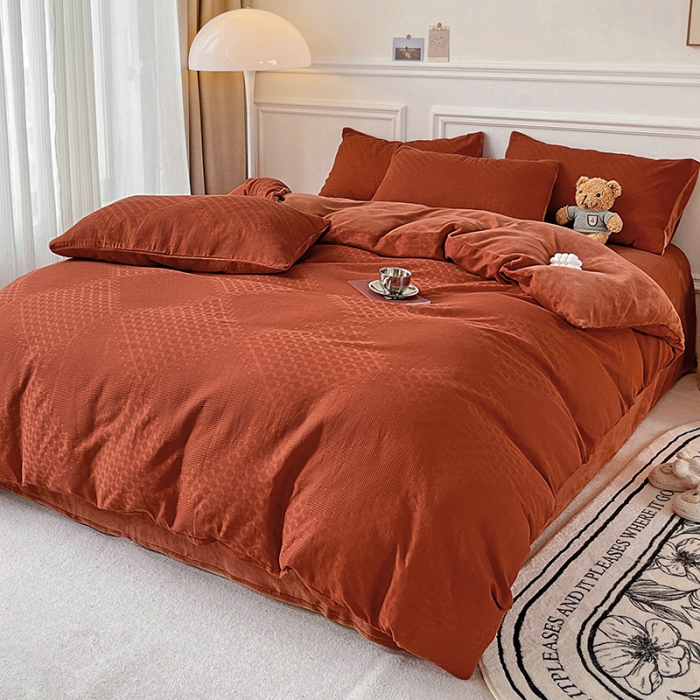 91家纺网 家纺一手货源 找家纺 金丝鸟 2022全棉华夫格提花加牛奶绒四件套 拉夫格红