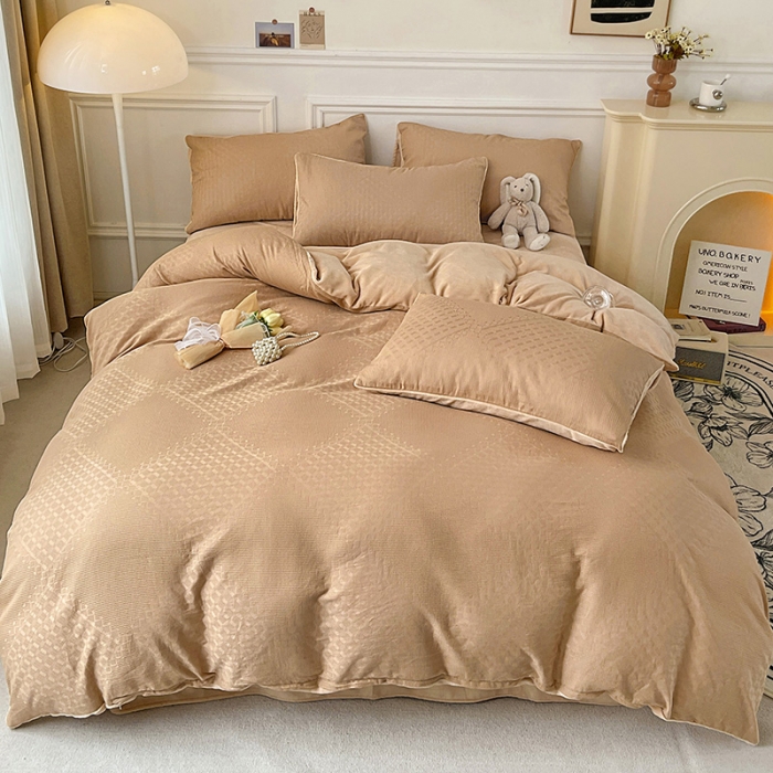 91家纺网 家纺一手货源 找家纺 金丝鸟 2022全棉华夫格提花加牛奶绒四件套 拉夫格驼