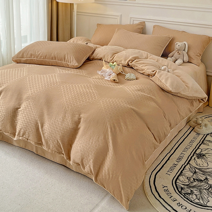 91家纺网 家纺一手货源 找家纺 金丝鸟 2022全棉华夫格提花加牛奶绒四件套 拉夫格驼