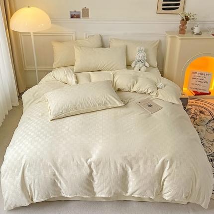 金丝鸟 2022全棉华夫格提花加牛奶绒四件套 苏珊格白