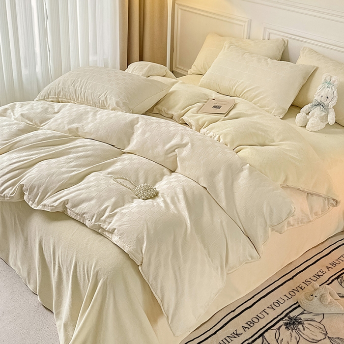 91家纺网 家纺一手货源 找家纺 金丝鸟 2022全棉华夫格提花加牛奶绒四件套 苏珊格白