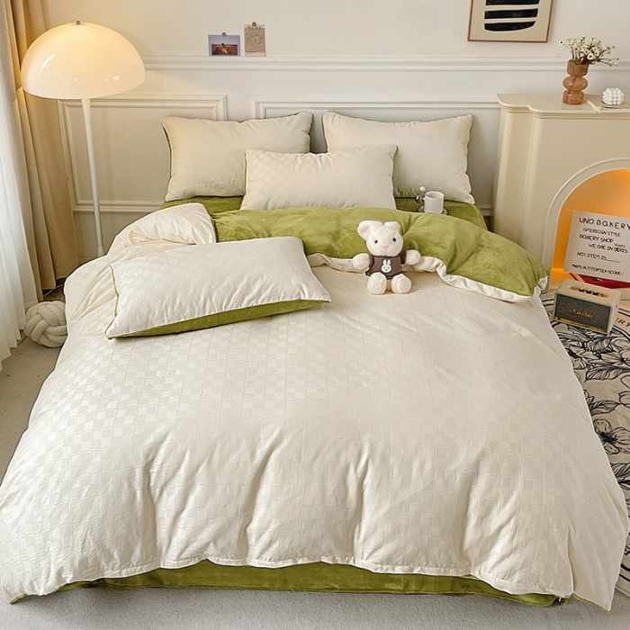 91家纺网 家纺一手货源 找家纺 金丝鸟 2022全棉华夫格提花加牛奶绒四件套 苏珊格白加绿