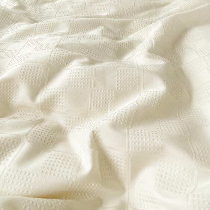 91家纺网 家纺一手货源 找家纺 金丝鸟 2022全棉华夫格提花加牛奶绒四件套 苏珊格白加绿