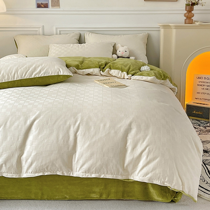 91家纺网 家纺一手货源 找家纺 金丝鸟 2022全棉华夫格提花加牛奶绒四件套 苏珊格白加绿