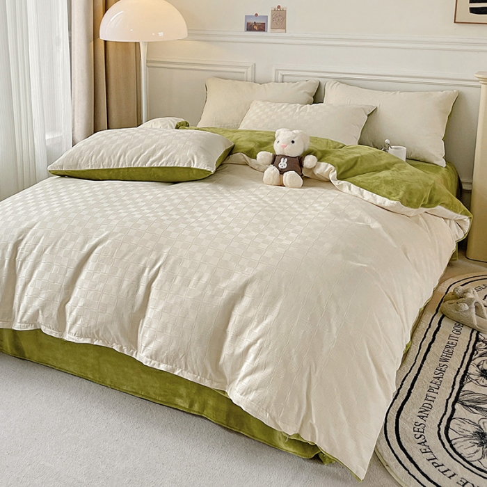 91家纺网 家纺一手货源 找家纺 金丝鸟 2022全棉华夫格提花加牛奶绒四件套 苏珊格白加绿