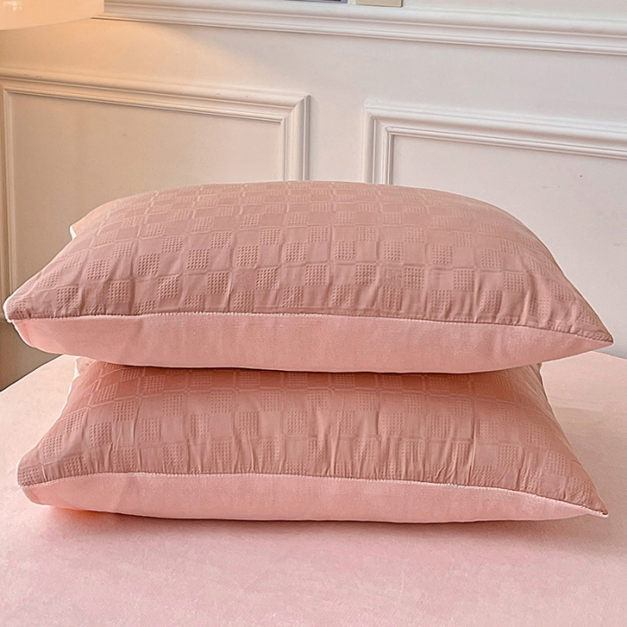 91家纺网 家纺一手货源 找家纺 金丝鸟 2022全棉华夫格提花加牛奶绒四件套 苏珊格粉