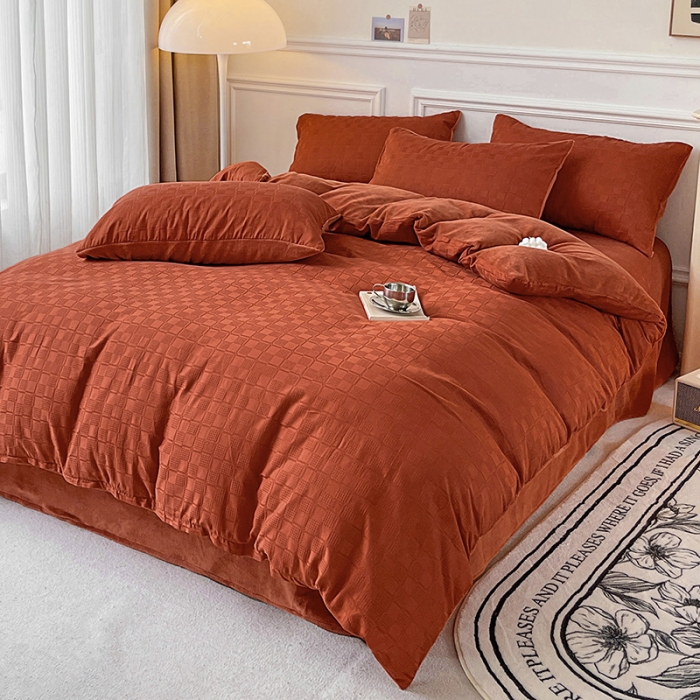 91家纺网 家纺一手货源 找家纺 金丝鸟 2022全棉华夫格提花加牛奶绒四件套 苏珊格红