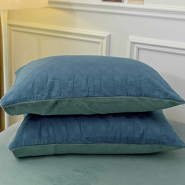 91家纺网 家纺一手货源 找家纺 金丝鸟 2022全棉华夫格提花加牛奶绒四件套 苏珊格蓝