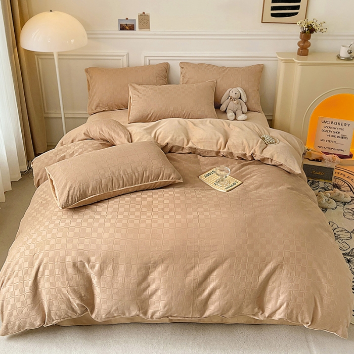 91家纺网 家纺一手货源 找家纺 金丝鸟 2022全棉华夫格提花加牛奶绒四件套 苏珊格驼