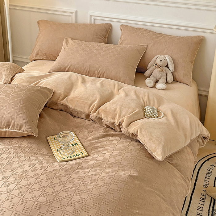 91家纺网 家纺一手货源 找家纺 金丝鸟 2022全棉华夫格提花加牛奶绒四件套 苏珊格驼