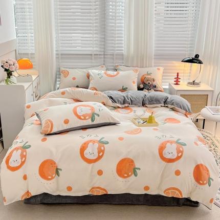 91家纺网 家纺一手货源 找家纺 金丝鸟 2022全棉印花加牛奶绒四件套 桔子兔