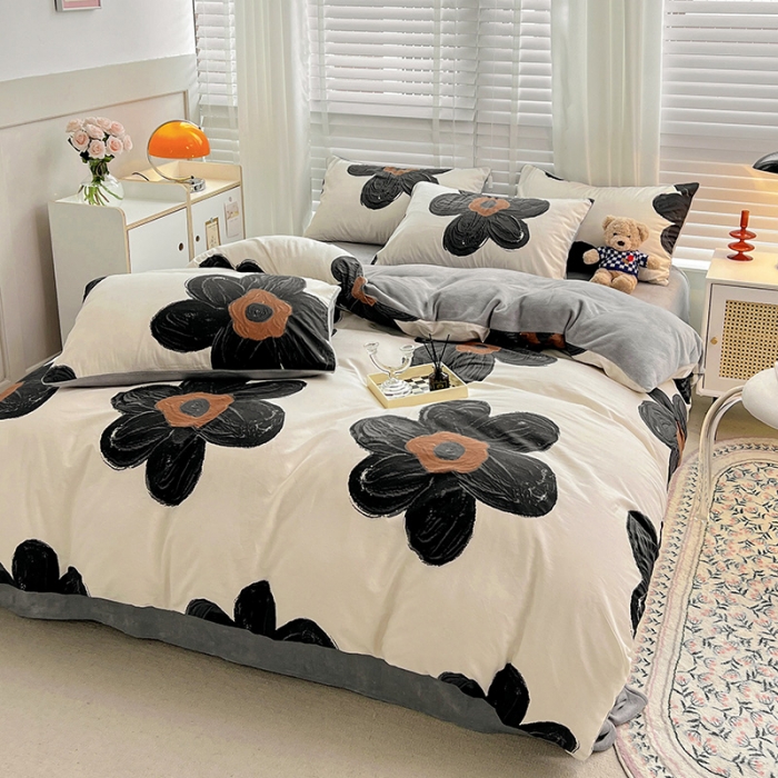 91家纺网 家纺一手货源 找家纺 金丝鸟 2022全棉印花加牛奶绒四件套 暗影