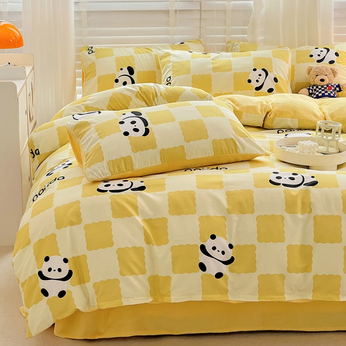 91家纺网 家纺一手货源 找家纺 金丝鸟 2022全棉印花加牛奶绒四件套 宝宝熊 黄