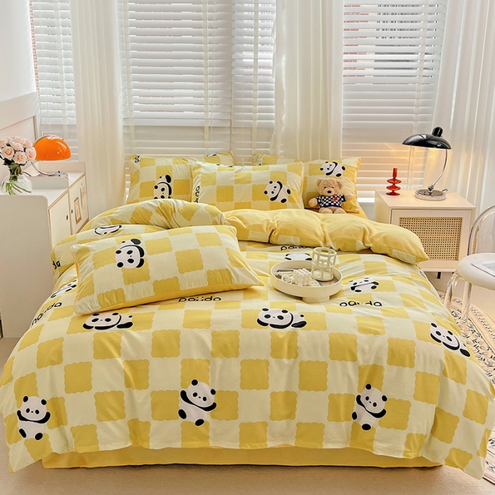 91家纺网 家纺一手货源 找家纺 金丝鸟 2022全棉印花加牛奶绒四件套 宝宝熊 黄