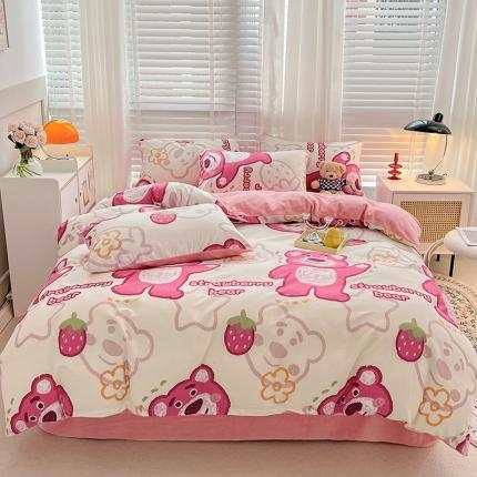 金丝鸟 2022全棉印花加牛奶绒四件套 草莓熊