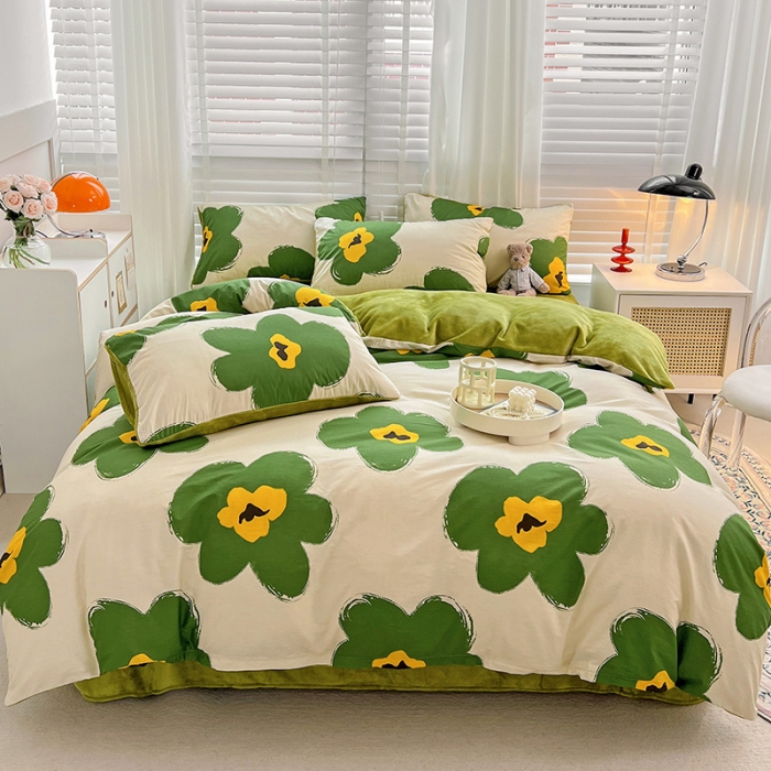 91家纺网 家纺一手货源 找家纺 金丝鸟 2022全棉印花加牛奶绒四件套 春意盎然