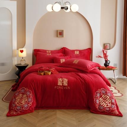 铭动 2023新款高克重牛奶绒刺绣款婚庆大红色新婚四件套 花嫁