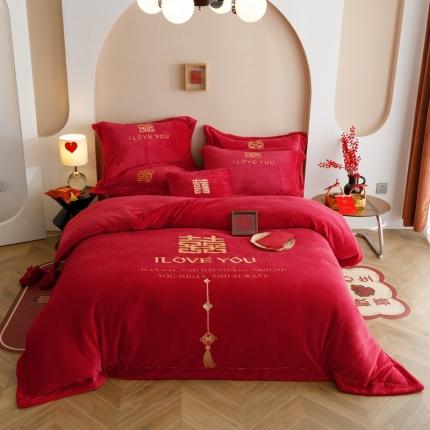 铭动 2023新款高克重牛奶绒刺绣款婚庆大红色新婚四件套 倾心