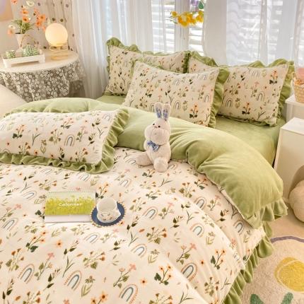 小主驾到 2023新款高克重韩版牛奶绒花边四件套花草