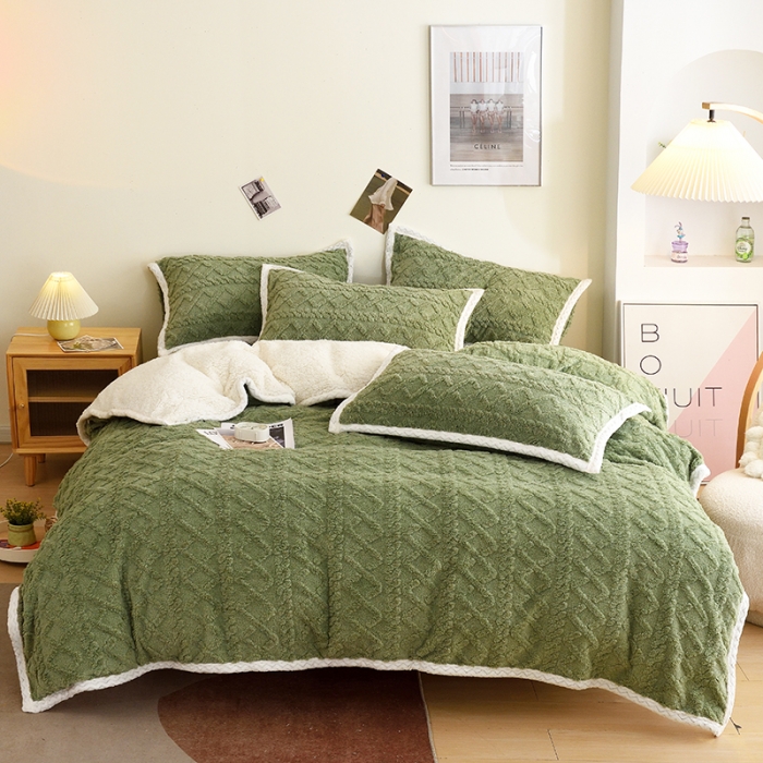 91家纺网 家纺一手货源 找家纺 启优 2022新款AB版加厚塔芙绒雕花绒四件套 茶绿