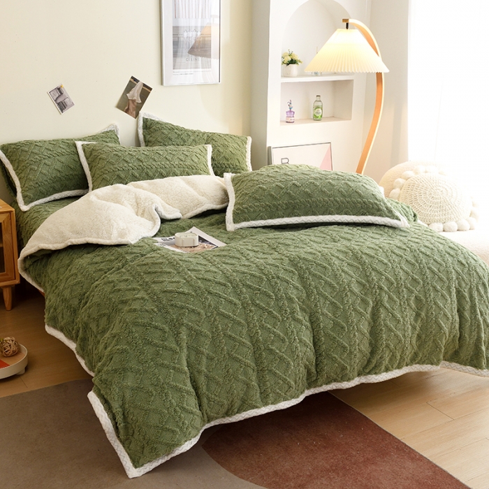 91家纺网 家纺一手货源 找家纺 启优 2022新款AB版加厚塔芙绒雕花绒四件套 茶绿