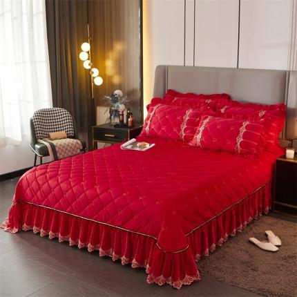 十个点家纺 2024新款刺绣水晶绒床盖三件套 大红