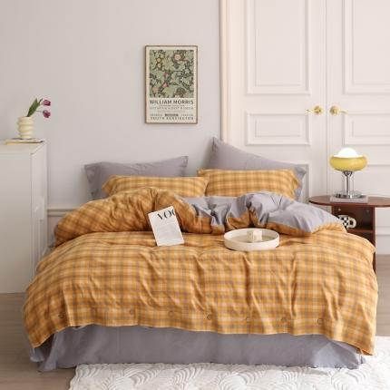 91家纺网 家纺一手货源 找家纺 榻尚 新款经典田园格子纯棉色织水洗棉四件套系列秋伊（黄格）