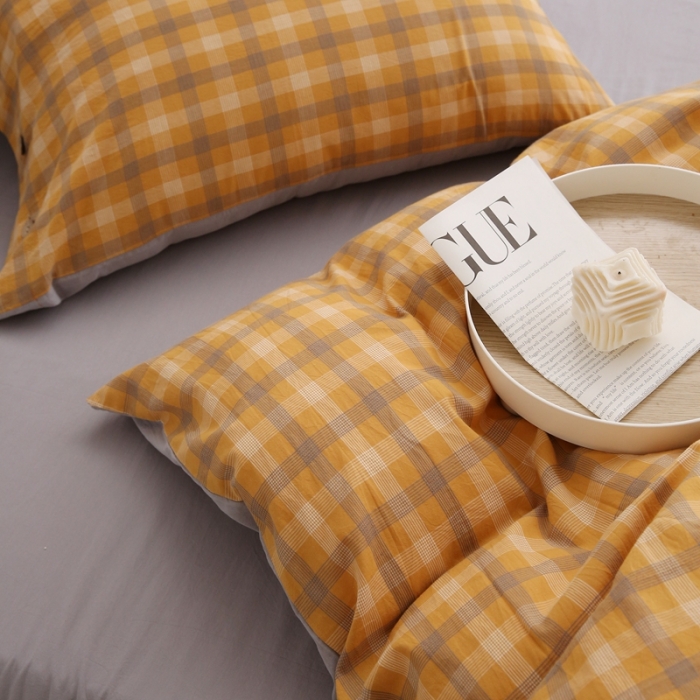 91家纺网 家纺一手货源 找家纺 榻尚 新款经典田园格子纯棉色织水洗棉四件套系列秋伊（黄格）