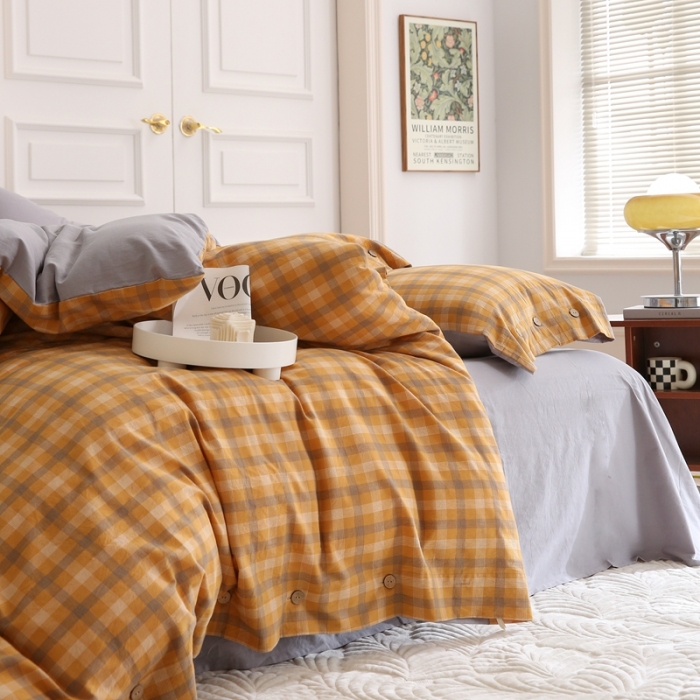 91家纺网 家纺一手货源 找家纺 榻尚 新款经典田园格子纯棉色织水洗棉四件套系列秋伊（黄格）