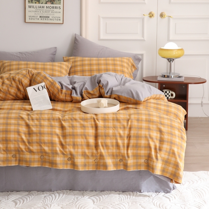 91家纺网 家纺一手货源 找家纺 榻尚 新款经典田园格子纯棉色织水洗棉四件套系列秋伊（黄格）