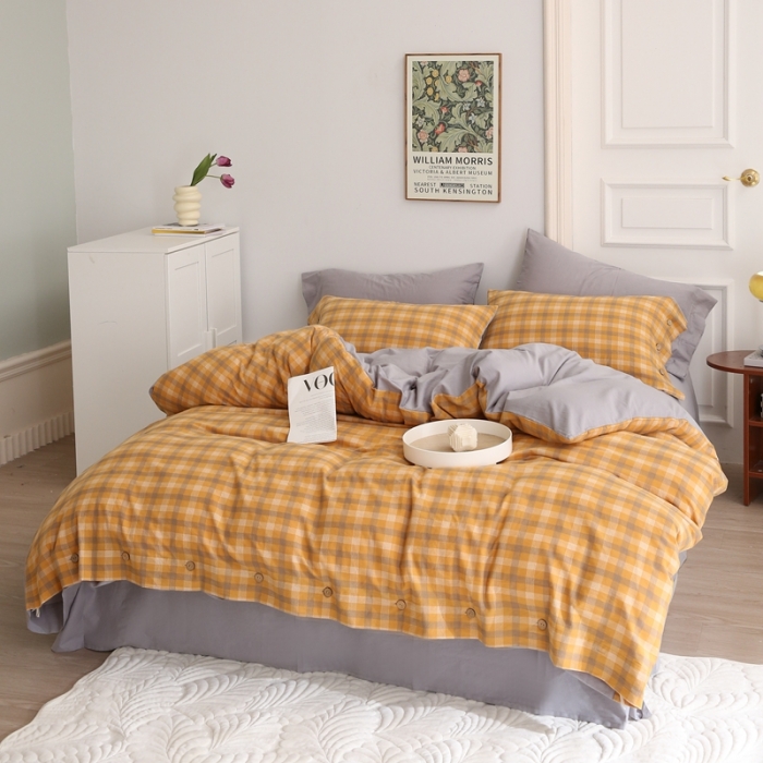 91家纺网 家纺一手货源 找家纺 榻尚 新款经典田园格子纯棉色织水洗棉四件套系列秋伊（黄格）