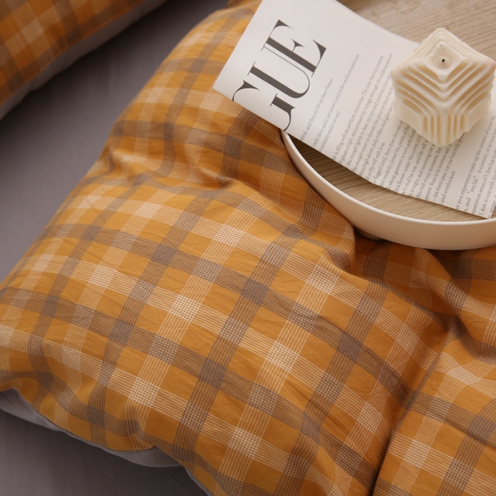 91家纺网 家纺一手货源 找家纺 榻尚 新款经典田园格子纯棉色织水洗棉四件套系列秋伊（黄格）