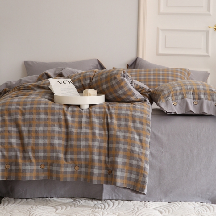 91家纺网 家纺一手货源 找家纺 榻尚 新款经典田园格子纯棉色织水洗棉四件套系列亦梵（灰格）