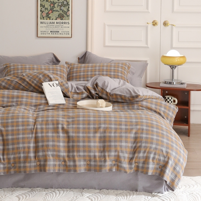 91家纺网 家纺一手货源 找家纺 榻尚 新款经典田园格子纯棉色织水洗棉四件套系列亦梵（灰格）