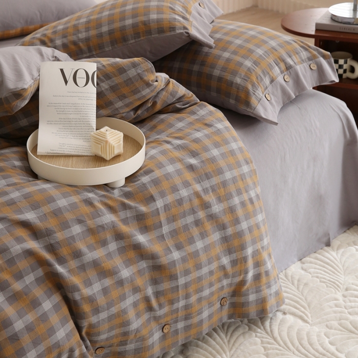 91家纺网 家纺一手货源 找家纺 榻尚 新款经典田园格子纯棉色织水洗棉四件套系列亦梵（灰格）