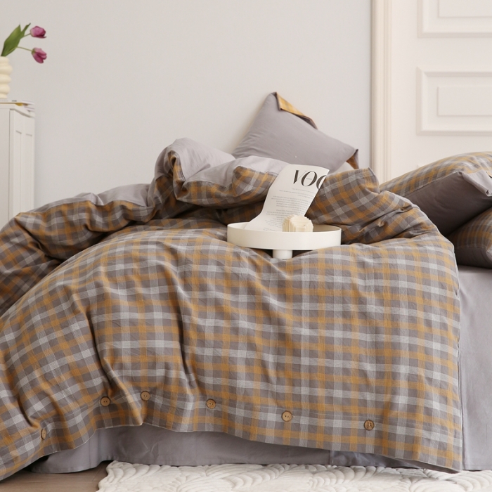 91家纺网 家纺一手货源 找家纺 榻尚 新款经典田园格子纯棉色织水洗棉四件套系列亦梵（灰格）