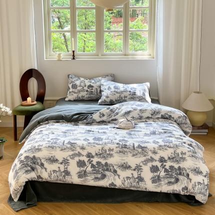 91家纺网 家纺一手货源 找家纺 六巷胡同 2022新款赫本复古油画风200g牛奶绒四件套 巴赫庄园-深灰