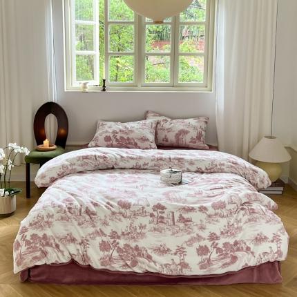 91家纺网 家纺一手货源 找家纺 六巷胡同 2022新款赫本复古油画风200g牛奶绒四件套 巴黎庄园-酒红