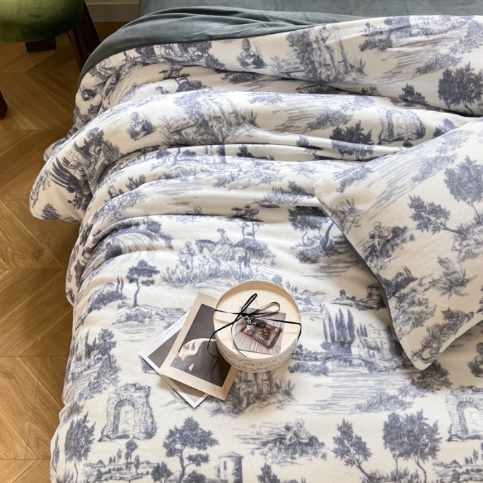91家纺网 家纺一手货源 找家纺 六巷胡同 2022新款赫本复古油画风200g牛奶绒四件套 巴赫庄园-深灰