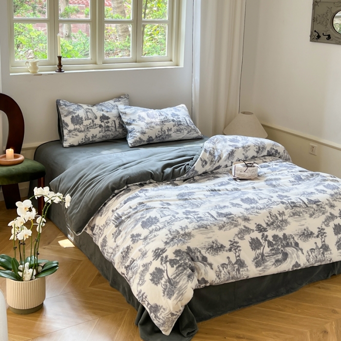 91家纺网 家纺一手货源 找家纺 六巷胡同 2022新款赫本复古油画风200g牛奶绒四件套 巴赫庄园-深灰