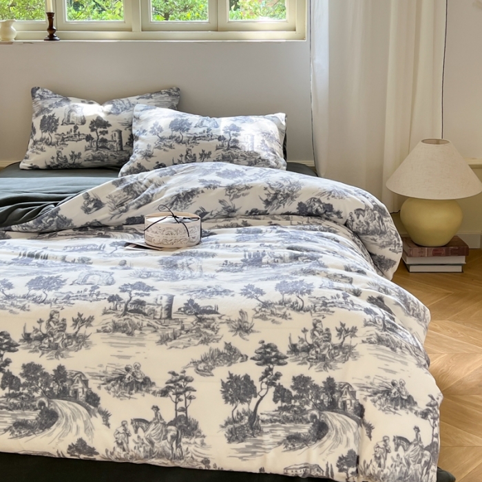 91家纺网 家纺一手货源 找家纺 六巷胡同 2022新款赫本复古油画风200g牛奶绒四件套 巴赫庄园-深灰