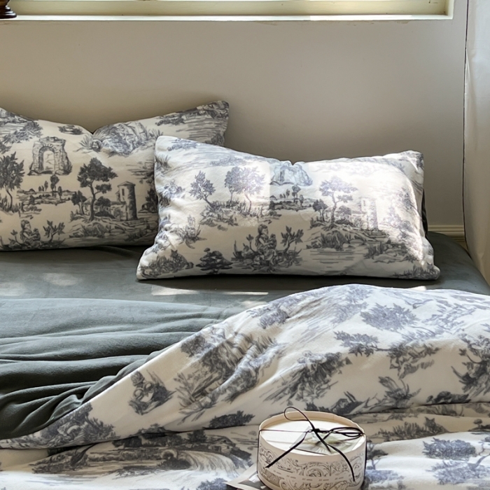 91家纺网 家纺一手货源 找家纺 六巷胡同 2022新款赫本复古油画风200g牛奶绒四件套 巴赫庄园-深灰