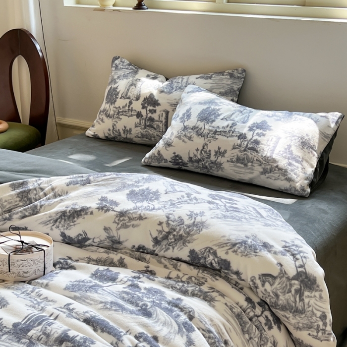 91家纺网 家纺一手货源 找家纺 六巷胡同 2022新款赫本复古油画风200g牛奶绒四件套 巴赫庄园-深灰