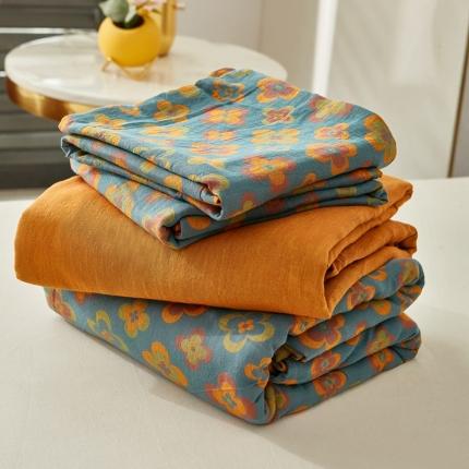 91家纺网 家纺一手货源 找家纺 艾咪 新款全棉双层纱色织提花四件套四叶草-蓝黄