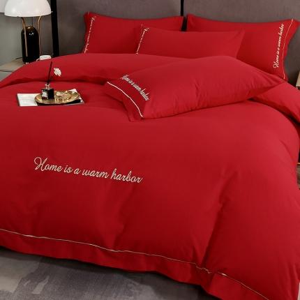 91家纺网 家纺一手货源 找家纺 拼社家纺活性纯色纯棉刺绣全棉磨毛四件套-逸系列宝石红