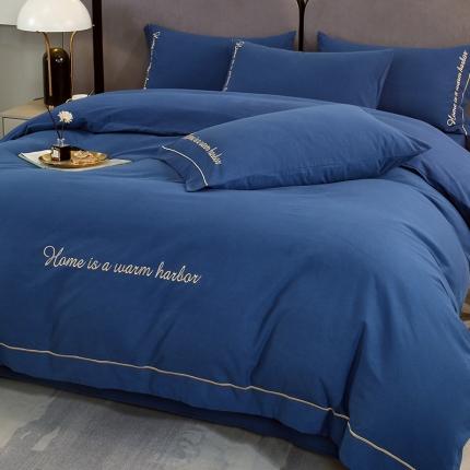 91家纺网 家纺一手货源 找家纺 拼社家纺活性纯色纯棉刺绣全棉磨毛四件套-逸系列海星蓝