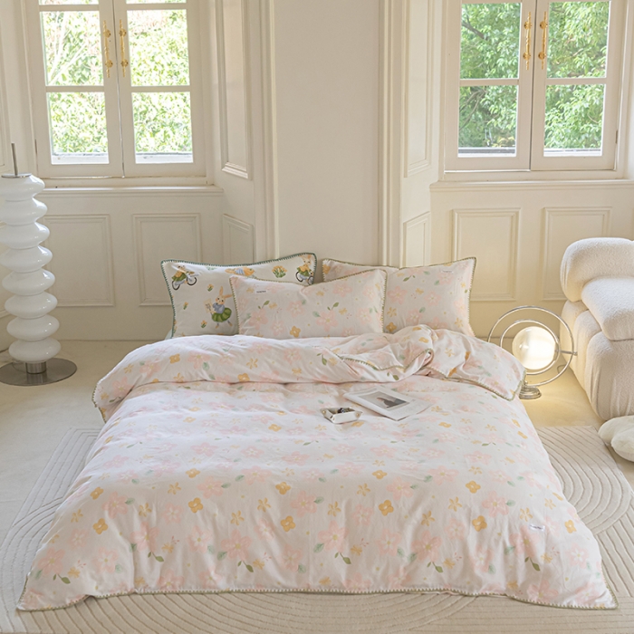 91家纺网 家纺一手货源 找家纺 洋铭区 2022新款双层纱四件套 粉色小花