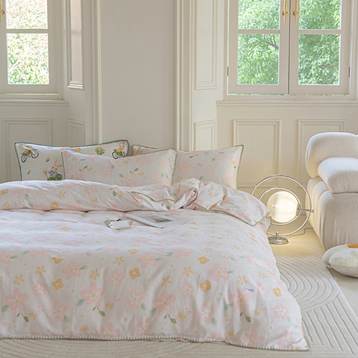 91家纺网 家纺一手货源 找家纺 洋铭区 2022新款双层纱四件套 粉色小花